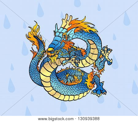 Cheerful blue water Chinese dragon against water drops