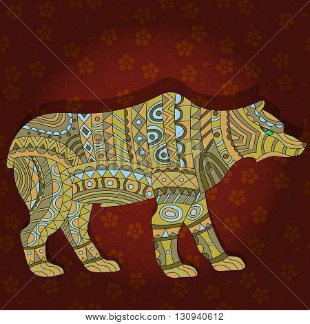 Illustration with abstract bear on a dark floral background