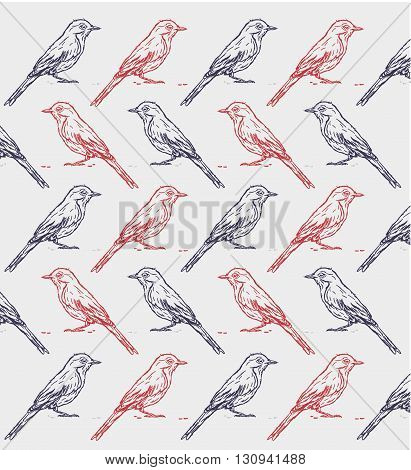 Hand drawn blue and red, bird ink pattern