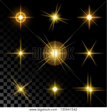 Set of the realistic sparkling gold star fires and flashes on a transparent background a vector illustration.