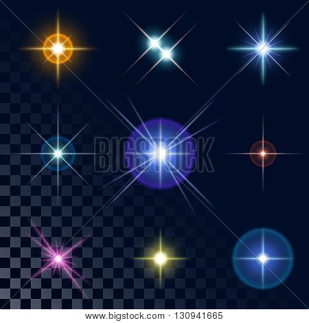Set of the realistic sparkling multicolored star fires and flashes on a transparent background a vector illustration. Blue, red, yellow, pink, violet stars.