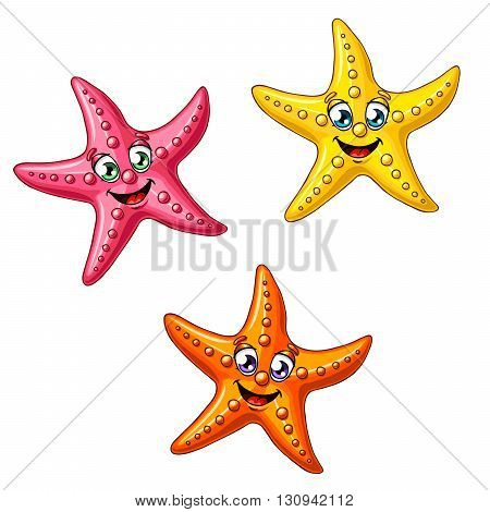 Three multi-colored cheerful cute starfishes on a white background. Red, yellow and orange cartoon starfishes.