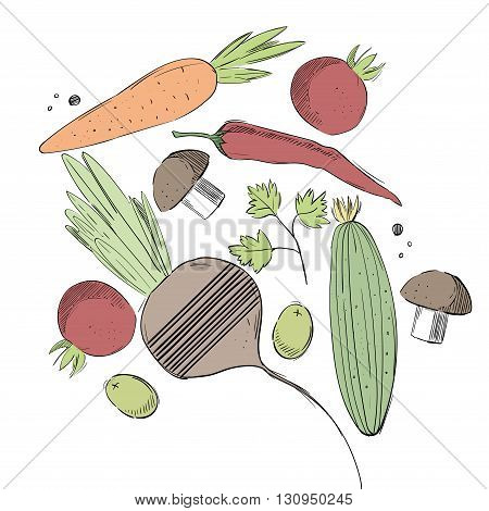 Vegetables hand drawn colorful pattern .Restaurant menu or food market design