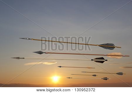 Flying antique old wooden arrows. The army of Genghis Khan