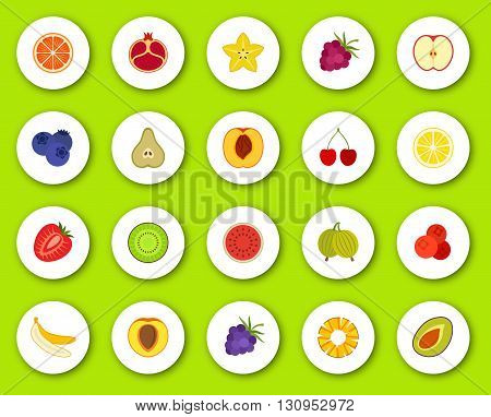 Set of flat icons on round background with shadow. Different fruits and berries. Vector illustration.