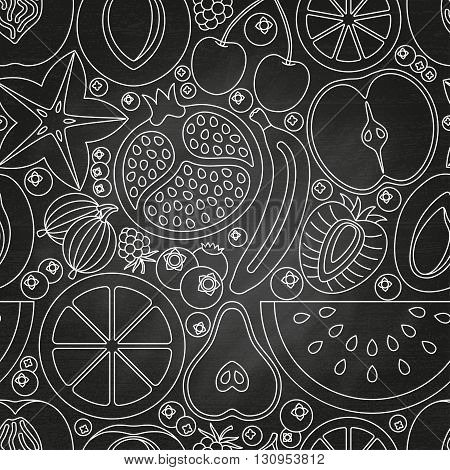 Seamless pattern made of fruits and berries.  Chalkboard background.  Vector illustration.