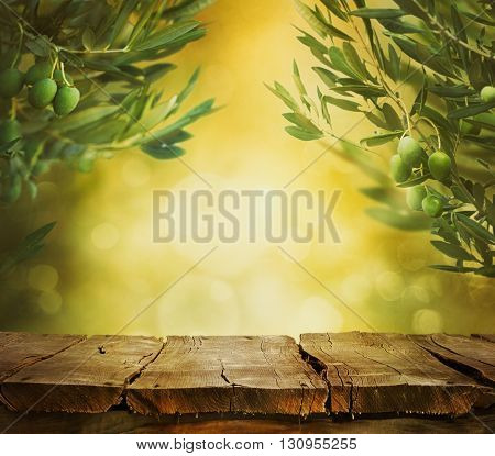 Olives background. Olives on olive tree with bokeh. food background