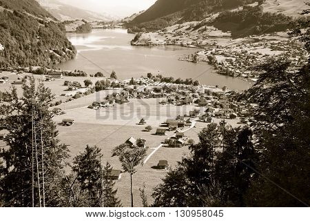 Lungern village in Switzerland - Sepia toned image