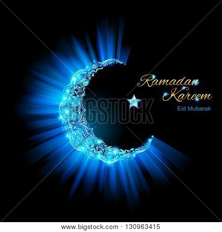 Glowing ornate Moon Crescent and a star in brilliant light blue shades. Greeting card of holy Muslim month Ramadan