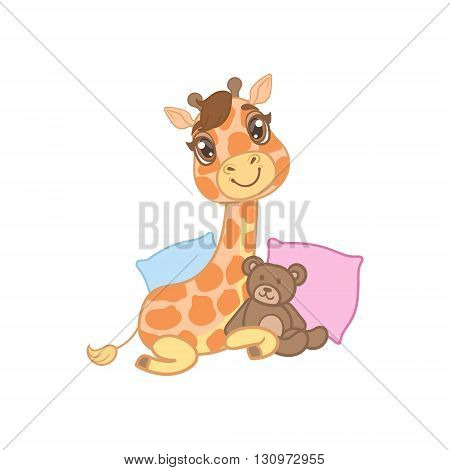 Giraffe With Teddy Bear Outlined Flat Vector Illustration In Cute Girly Cartoon Style Isolated On White Background