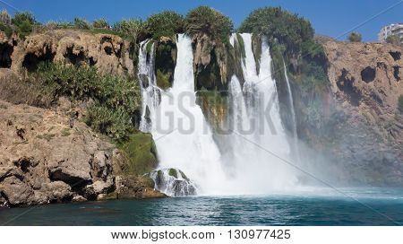 High waterfall in Mediterranean Sea Antalya, Turkey
