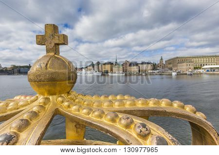 Skeppsholmsbron (skeppsholm Bridge) With Its Famous Golden Crown In Stockholm, Sweden