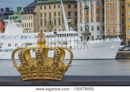 Skeppsholmsbron (skeppsholm Bridge) With Its Famous Golden Crown In Stockholm, Sweden