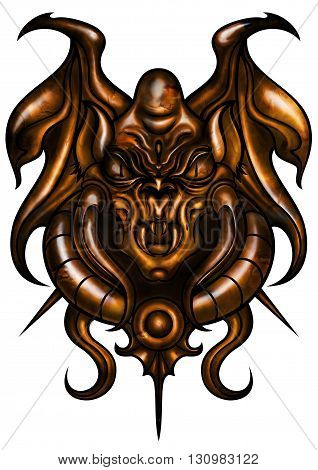 Illustration ancient mascot or pendant with animalistic monster's features made of bone or wood