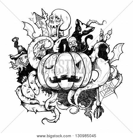 Vector illustration pen stroke Halloween pumpkin black and white