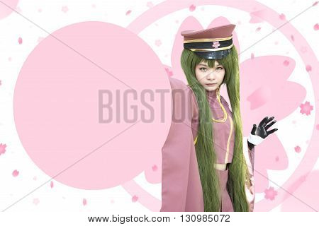 Japan anime cosplay with sakura graphic background
