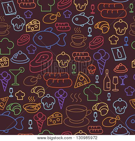 background with colored line icons of restaurant and fast food like coffee, pizza, sausage and ice cream. Seamless pattern.