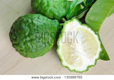 Bergamots (Other names are Kaffir lime Citrus Magnoliophyta Rutaceae) fruits with leaf