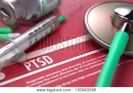 PTSD - Medical Concept with Blurred Text, Stethoscope, Pills and Syringe on Red Background. Selective Focus. 3D Render.