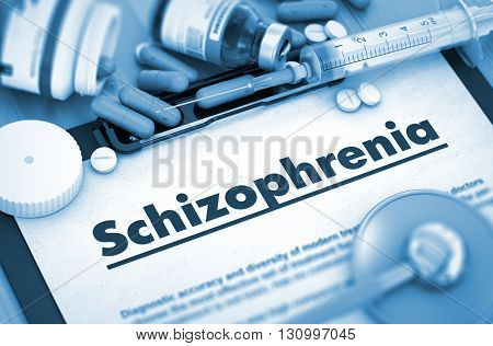 Diagnosis - Schizophrenia On Background of Medicaments Composition - Pills, Injections and Syringe. 3D Render.