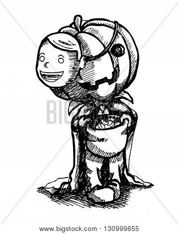 Vector illustration Trick or Treat, pen stroke pumpkin boy.