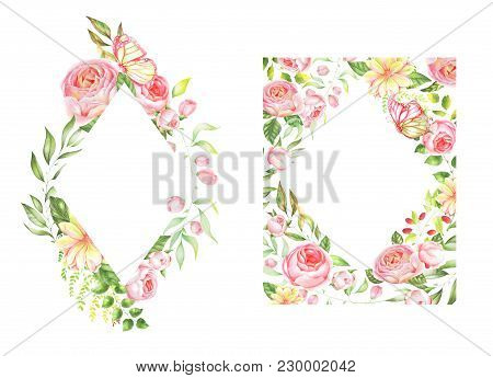Delicate Watercolor Set Of Floral Border Elements And Wreath On Isolated White Background In High Re
