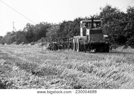 Big Old Tractor Preparing Land For Sowing. Farmer In Tractor Preparing Land With Seedbed Cultivator 