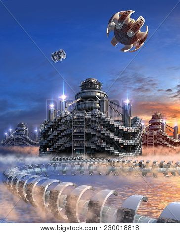 3d Illustration Of A Futuristic City With Modular Architecture, Water Floating Transport Structures 