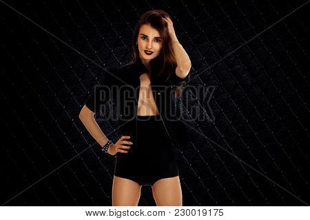 Sexy Girl With Big Brests In Jacket And High Panties Isolated On White Background