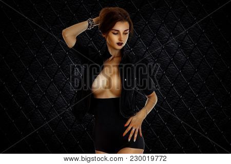 Hot Woman In Black Jacket And Panties With Big Natural Breasts Isolated On White Background