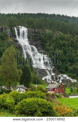 Scenic Landscape With Waterfall In Sogn Og Fjordane, Western Norway