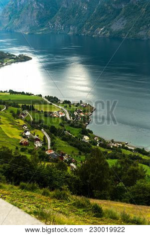 Aurlandsvangen View From The Stegastein Viewing Platform. Aurlandsvangen Is The Administrative Cente