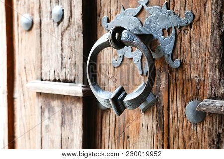Background With Wooden Gothic Door And Door Handle