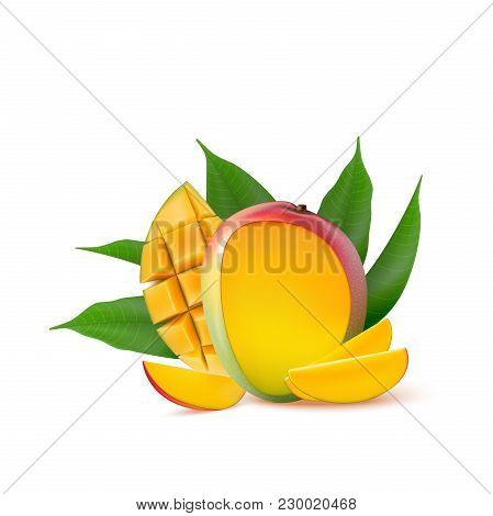 Mango Fruit For Fresh Juice, Jam, Yogurt, Pulp. 3d Realistic Yellow, Red, Orange Ripe Mango Cubes An