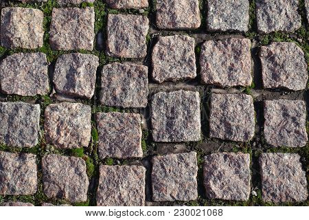 Top View Of Stone Setts With Moss In Joints