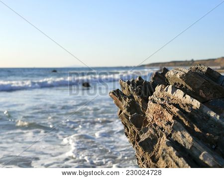 California Beach With Waves, Tidepools, Blue Green Water And Rocks On Shore. Great For Travel Blogs,