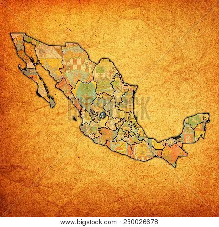Emblem Of Aguascalientes State On Map With Administrative Divisions And Borders Of Mexico