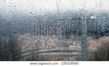Rain Drops On The Funicular Glass In Motion, View From Inside The Closed Ski Lift, 4k