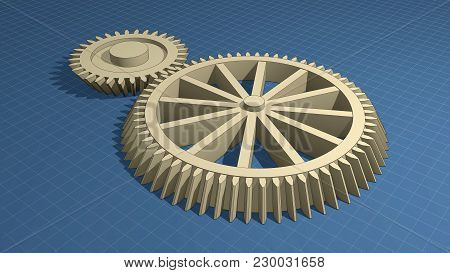 Blueprints And Machine Parts, Gears. 3d Illustration.