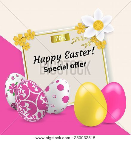 Pink Yellow White Realistic Easter Eggs On The Pink Yellow Paper Background. Paper Easter Banner
