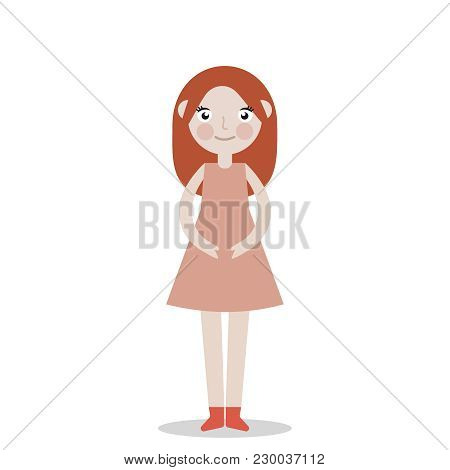 Woman Posing. The Model Is Full Length, Looking Into The Camera And Smiling. Girl Stands On White Ba