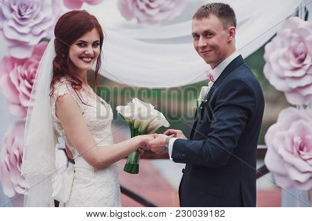 Wedding Couple Holding Hands, Happy Groom And Bride