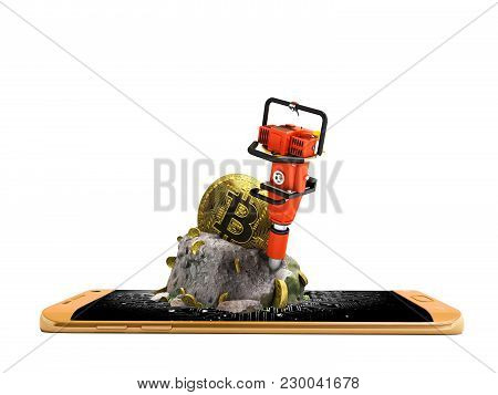 Modern Concept Of Mining Bitcoin With A Bump From The Orange Phone In Front 3d Render On A White Bac