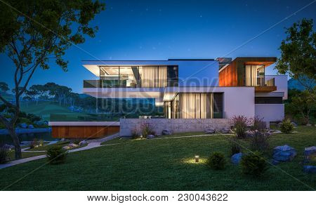 3D Rendering Of Modern House By The River At Night
