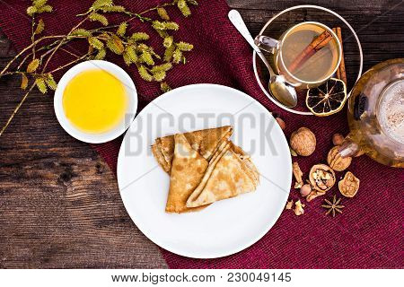 Pancakes With Honey And Herbal Tea. Estaurant, Pastry, Berry,