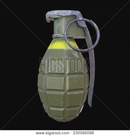 Hand Bomb Frag Grenade Green Metal With Scratches And Round Pin Over. 3d Render On Black