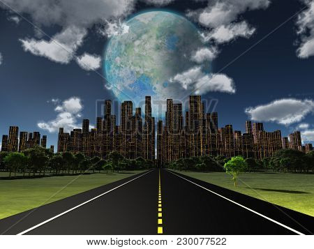 Night roadway to future city. Terraformed moon in the sky. 3D rendering