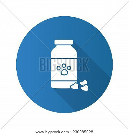 Pet Medicine Flat Design Long Shadow Glyph Icon. Veterinary Pharmacy. Vector Silhouette Illustration