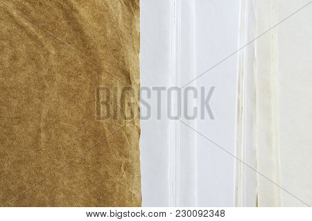 Mix Of Rustic Paper Textures. Old Craft Folder With Few Different Sort Of Whritind And Drawing Paper