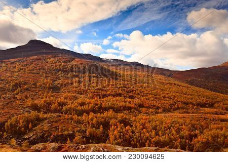 Picturesque Autumn Mountain Landscape Of Norway. Skandinavia.